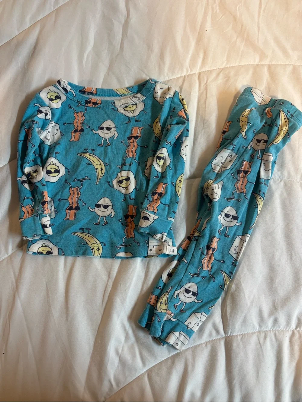 GAP Kids Teal Blue Breakfast Print Pajama Set bacon eggs & banana 18-24 months